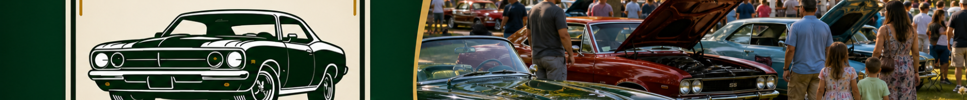 Tyrone Car Show Logo. Picture of classic cars and people viewing cars in the park