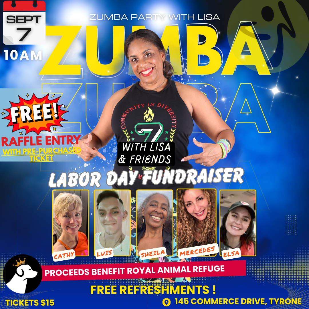 Zumba Flyer featuring picture of Lisa and four other instructors with date and fund raising info 