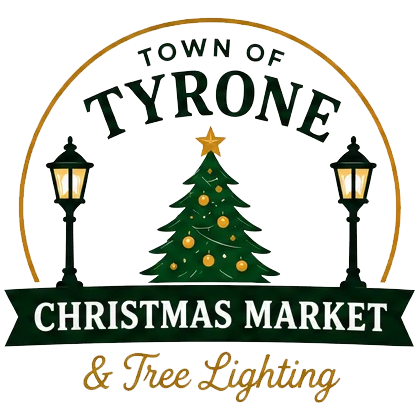 Christma Market logo with lamps, christmas tree and gold semi circle with ribbon