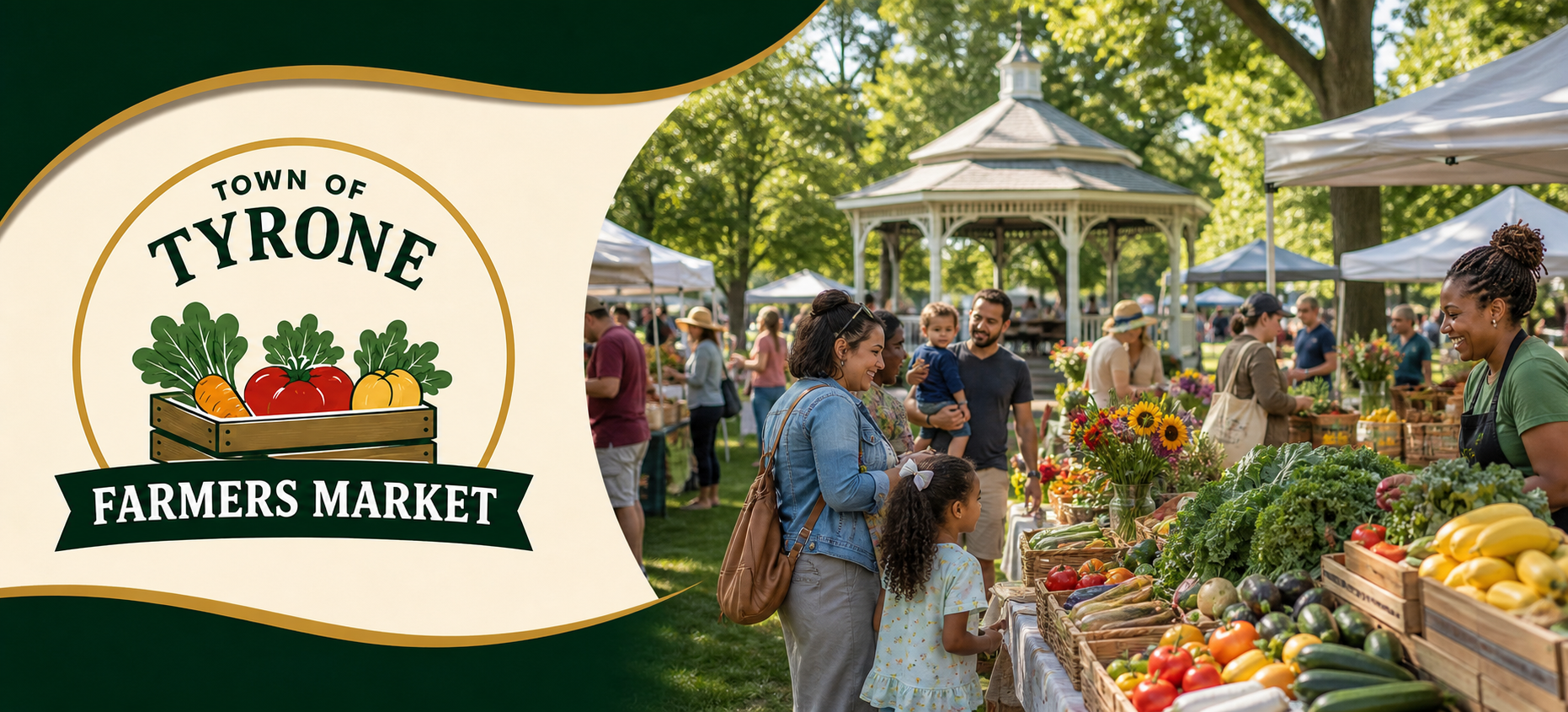 Banner with official Tyrone Farmers Market logo. Vegetable stand with people looking at produce.