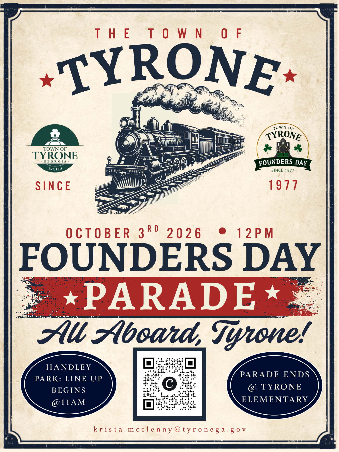 Poster of Founders Day Parade. Featuring steam engine train, antique background, red ribbon