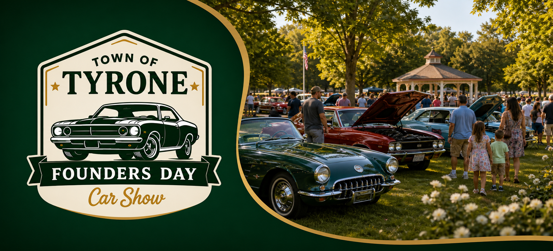 Tyrone Official Car Show logo on banner with cars people looking at cars