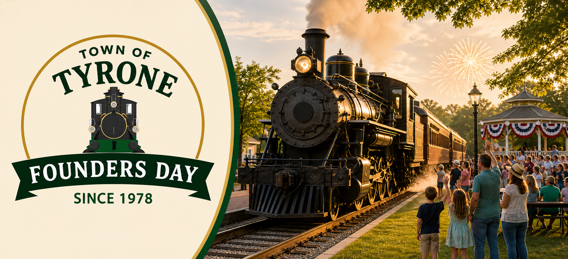 Founders Day banner featuring the official Town of Tyrone event logo beside a cheering crowd near steam engine train and gazeebo