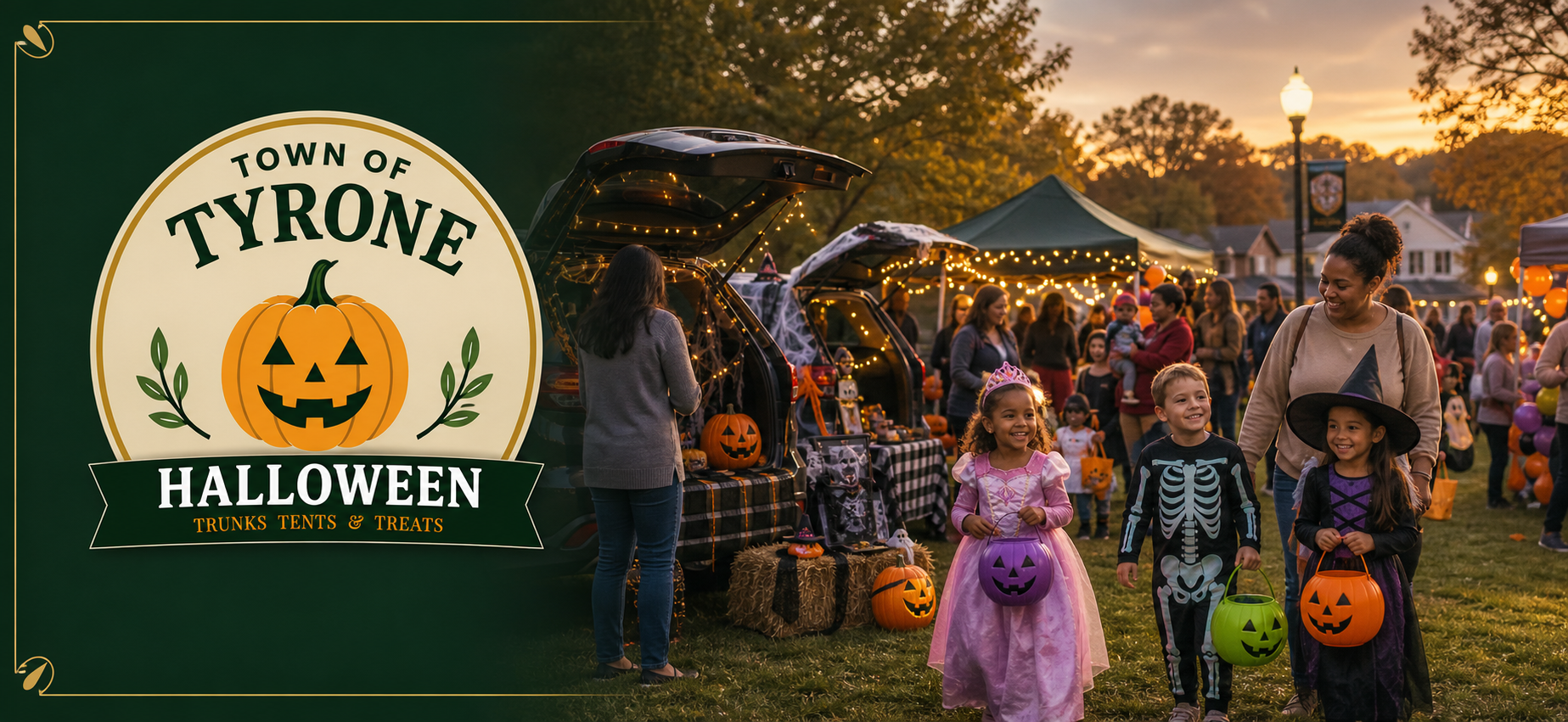 Halloween TT&T with kids dressed in costumes, cars giving away candies