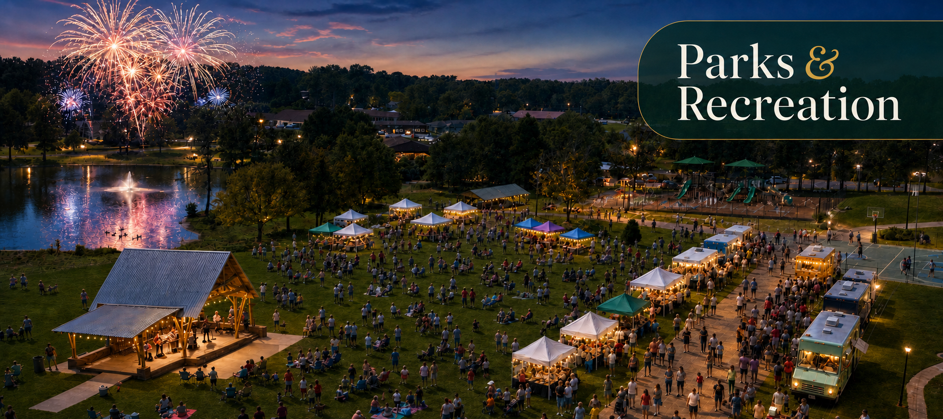 Banner showing shamrock park full of activity including vendor trucks, performance stage, people gathering, walking fireworks and more
