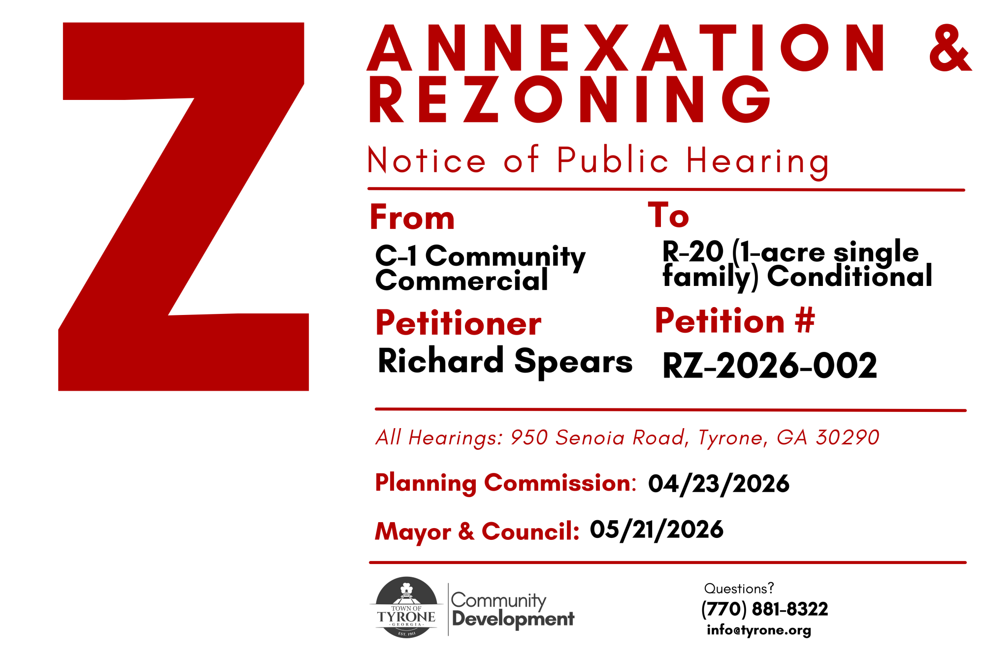 CONSIDERATION TO APPROVE A REZONING REQUEST FROM APPLICANT RICHARD SPEARS FOR AN APPROXIMATELY 5.02-ACRE TRACT WITH PARCEL NUMBER 0728-066 FROM C-1 (COMMUNITY COMMERCIAL) TO R-20 CONDITIONAL (1-ACRE SINGLE FAMILY RESIDENTIAL 20 WITH CONDITIONS)