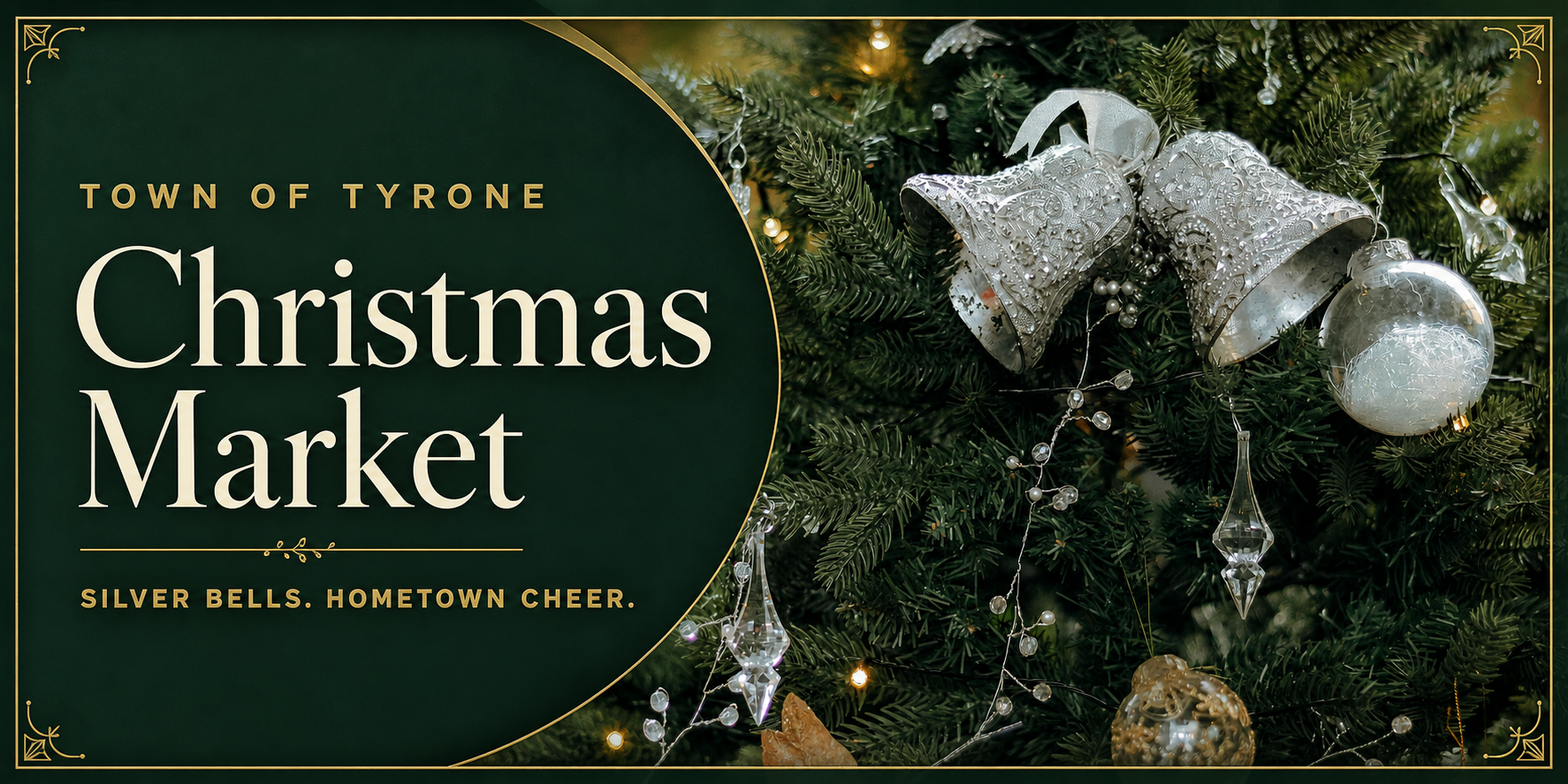 Christmas Market banner featuring silver bells and holiday decorations on a Christmas tree.