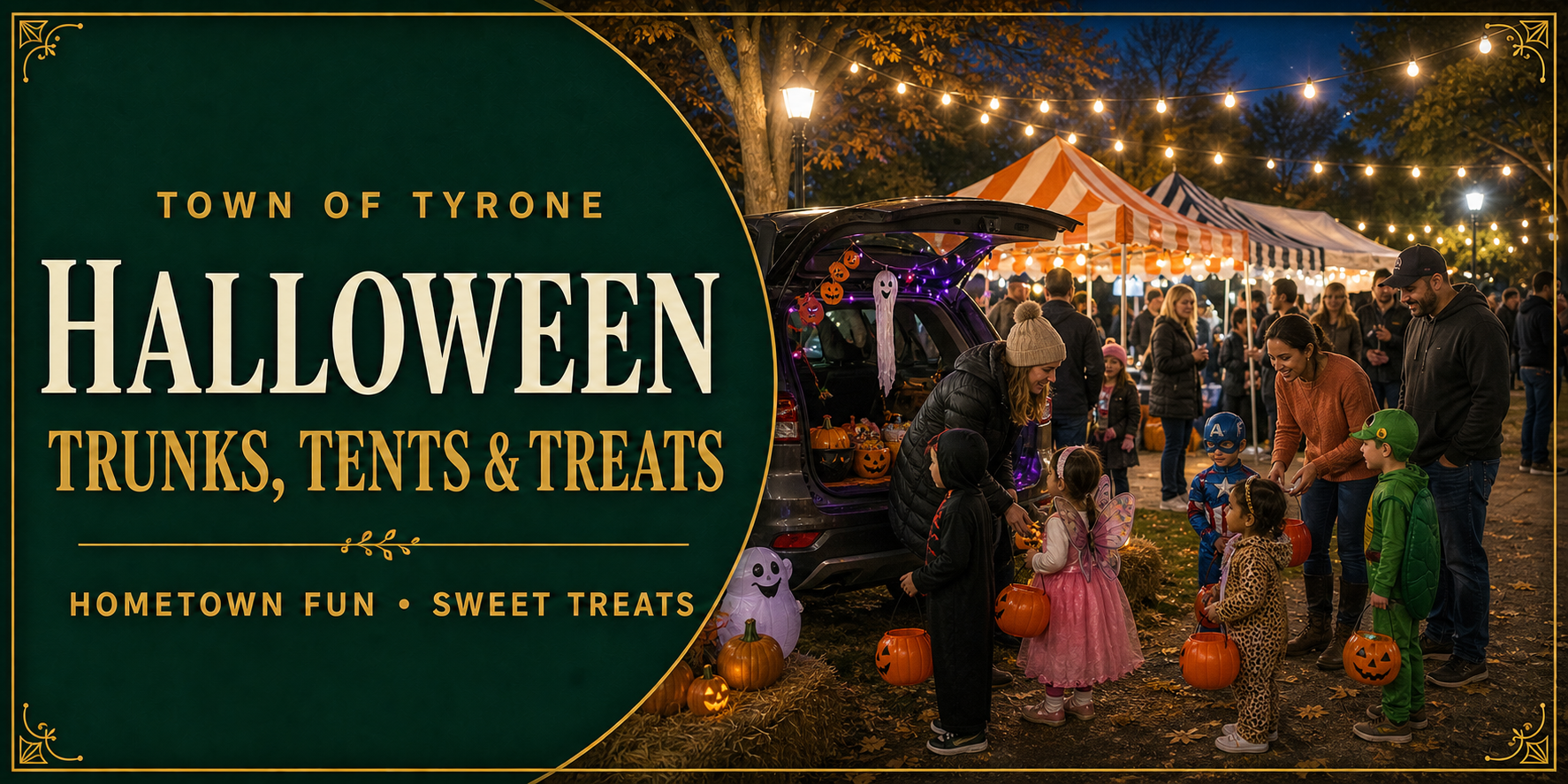 Halloween Trunks, Tents and Treats banner featuring families, decorated vehicle trunks and festival tents.