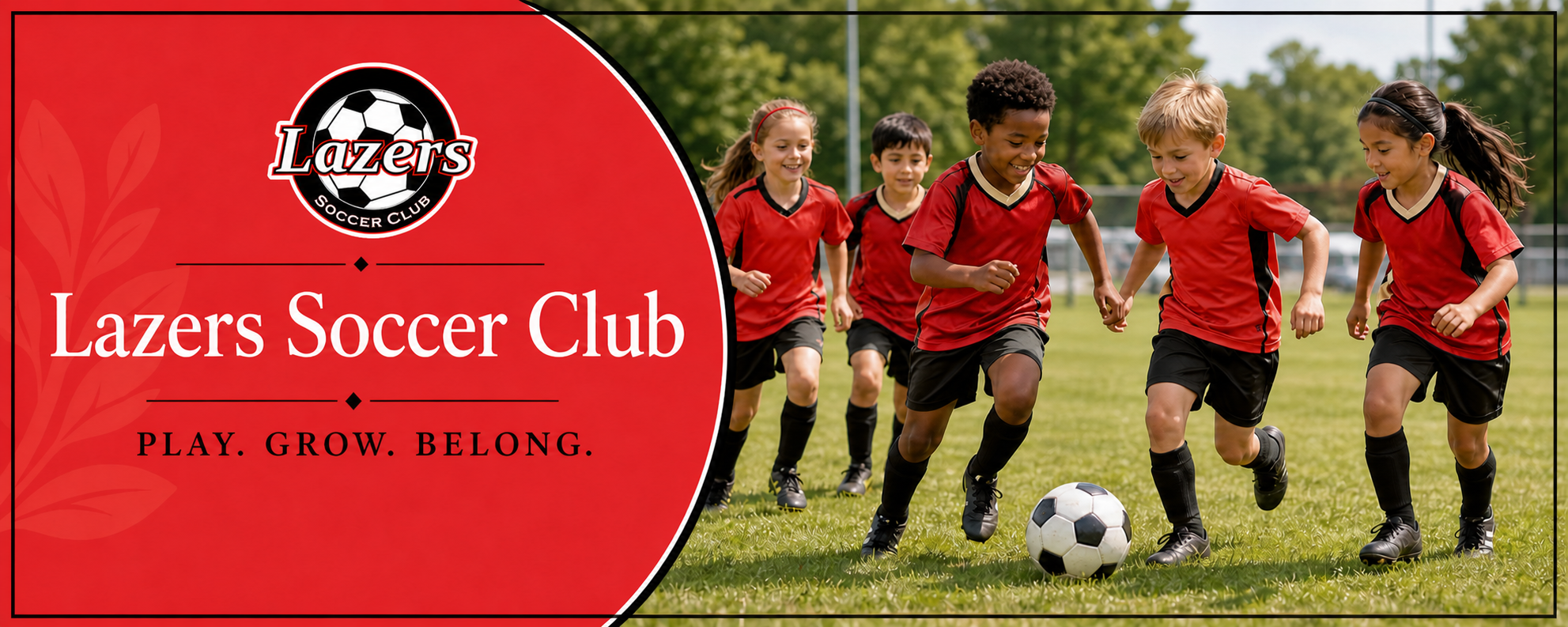 Youth 7-10 years old playing soccer in red uniforms