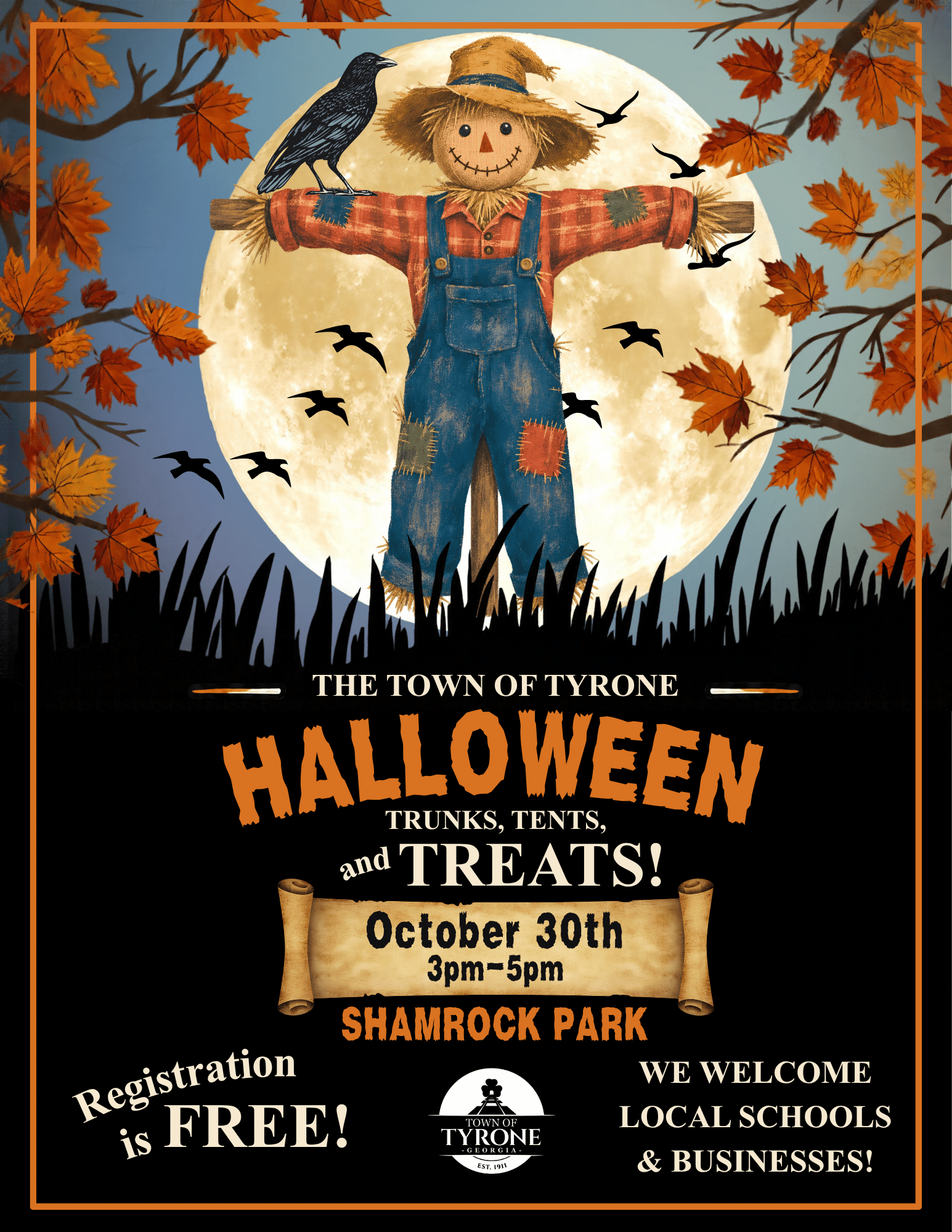 new illustrated poster of halloween truck, tent and treat event. Scarecrow, bats and leaves