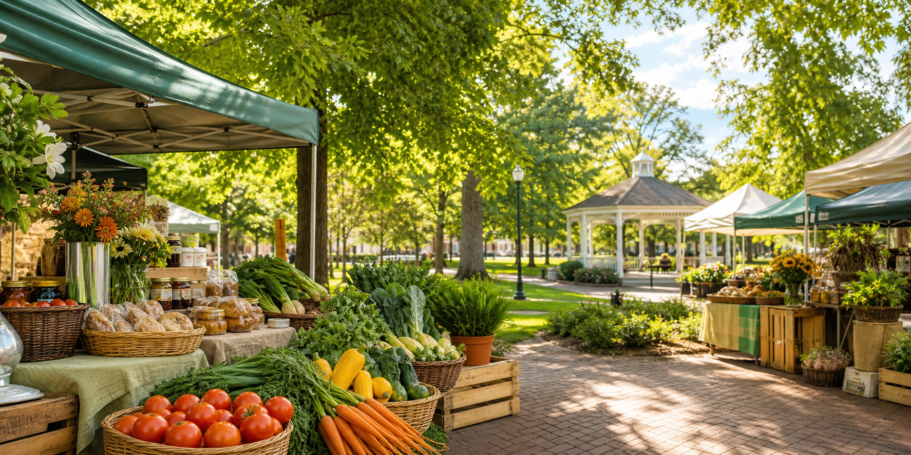 Fresh produce, flowers, and local goods displayed at a community farmers market.