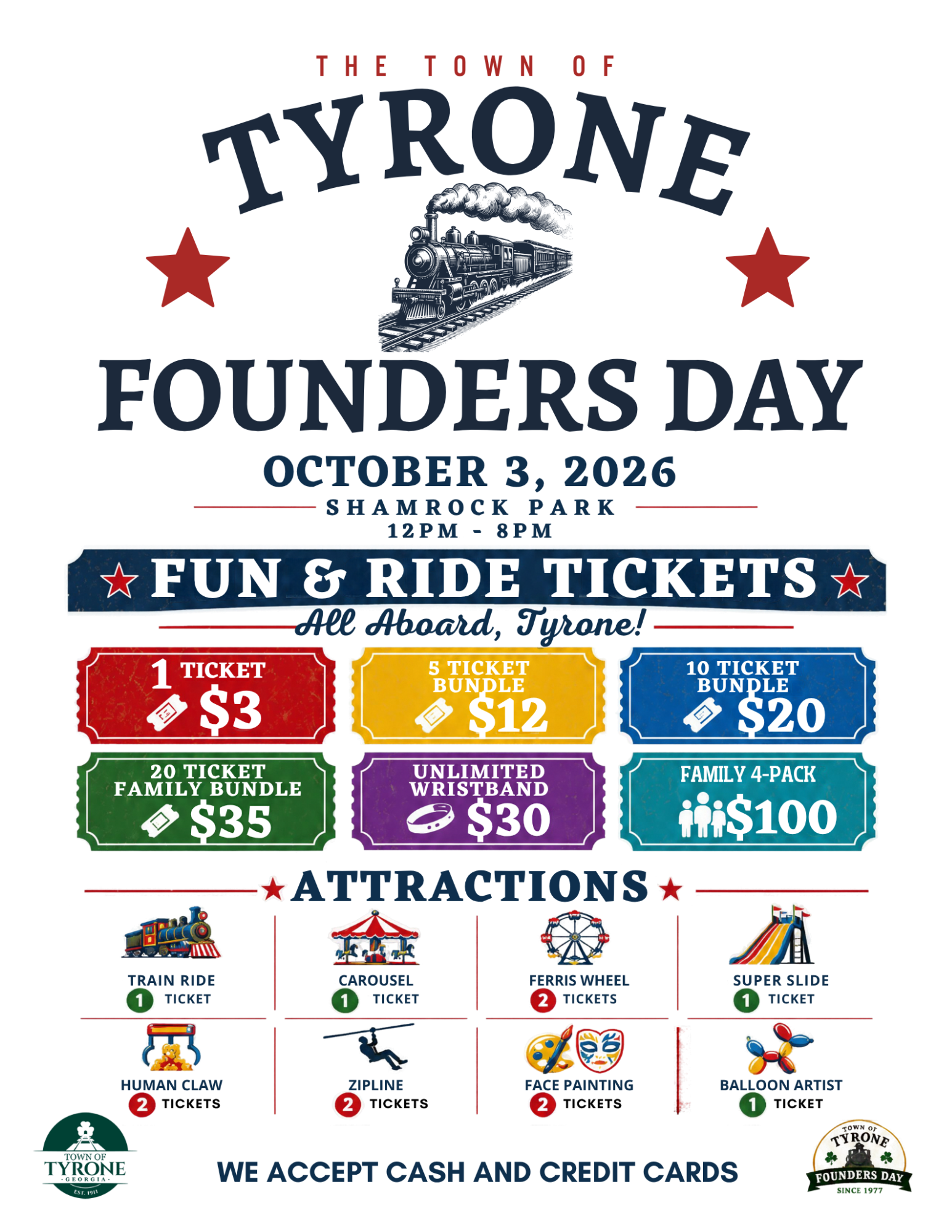 illustrated images of train, carousel, zipline, human claw, ferris wheel, logo of Founders Day, illustrated image of tickets with prices