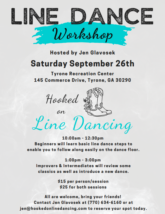 Line Dance Workshop flyer featuring dates, times and prices. picture of cowgirl boots