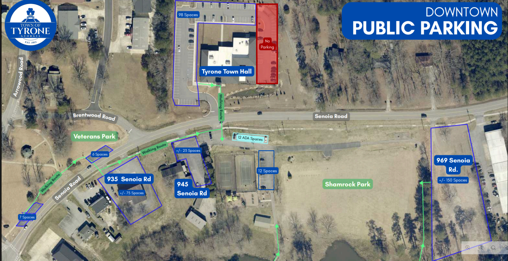 Aerial photo of downtown parking areas.