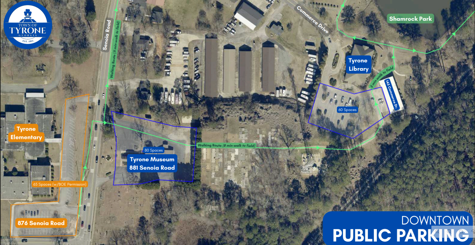 Aerial photo of downtown parking area Tyrone