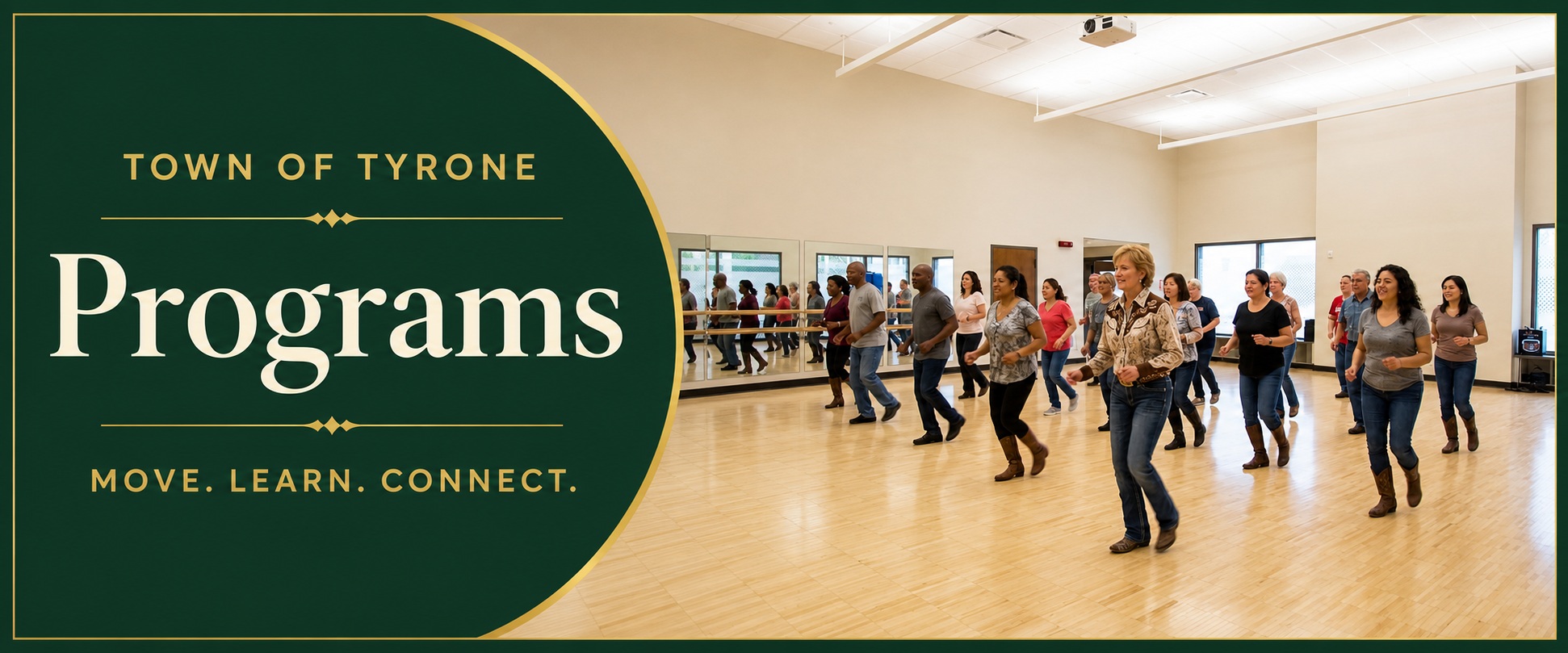 Programs banner featuring adults participating in a community line-dancing class.